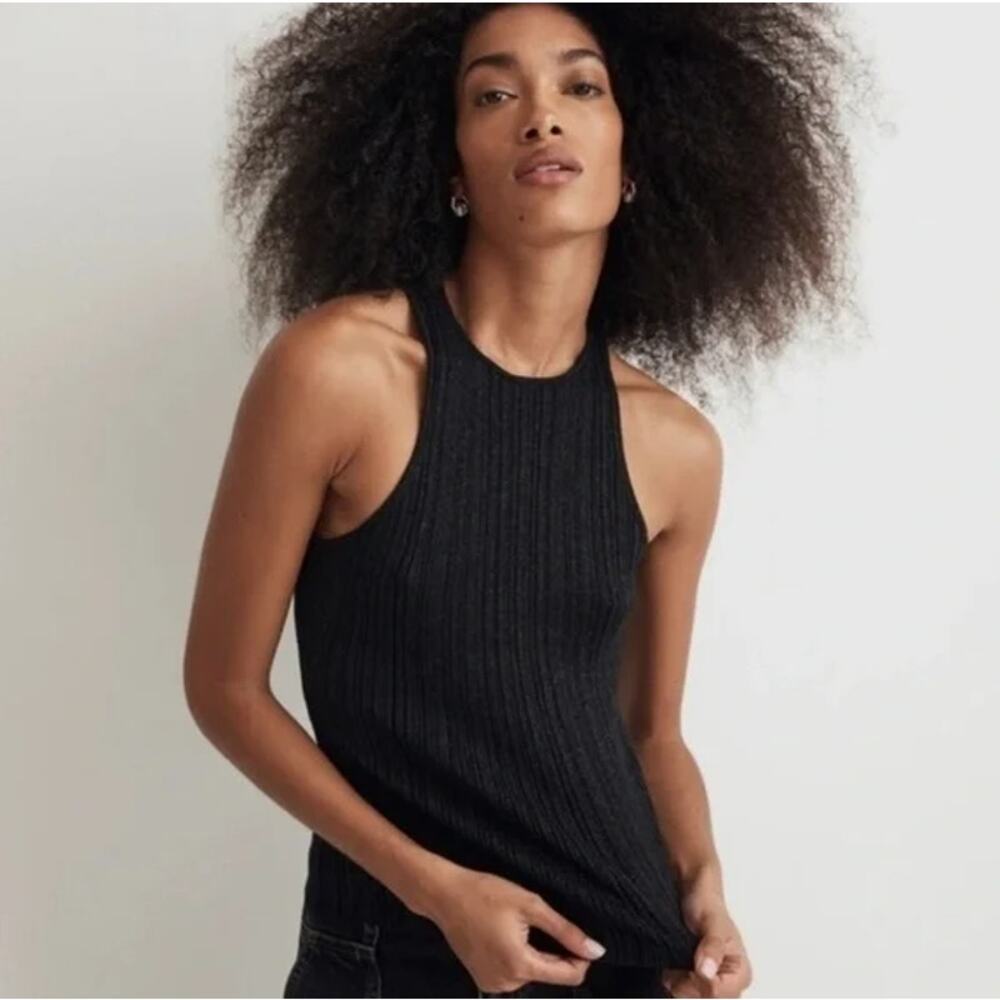 NWT Madewell The Signature Shimmer Knit Cutaway Sweater Tank Black Silver Ribbed